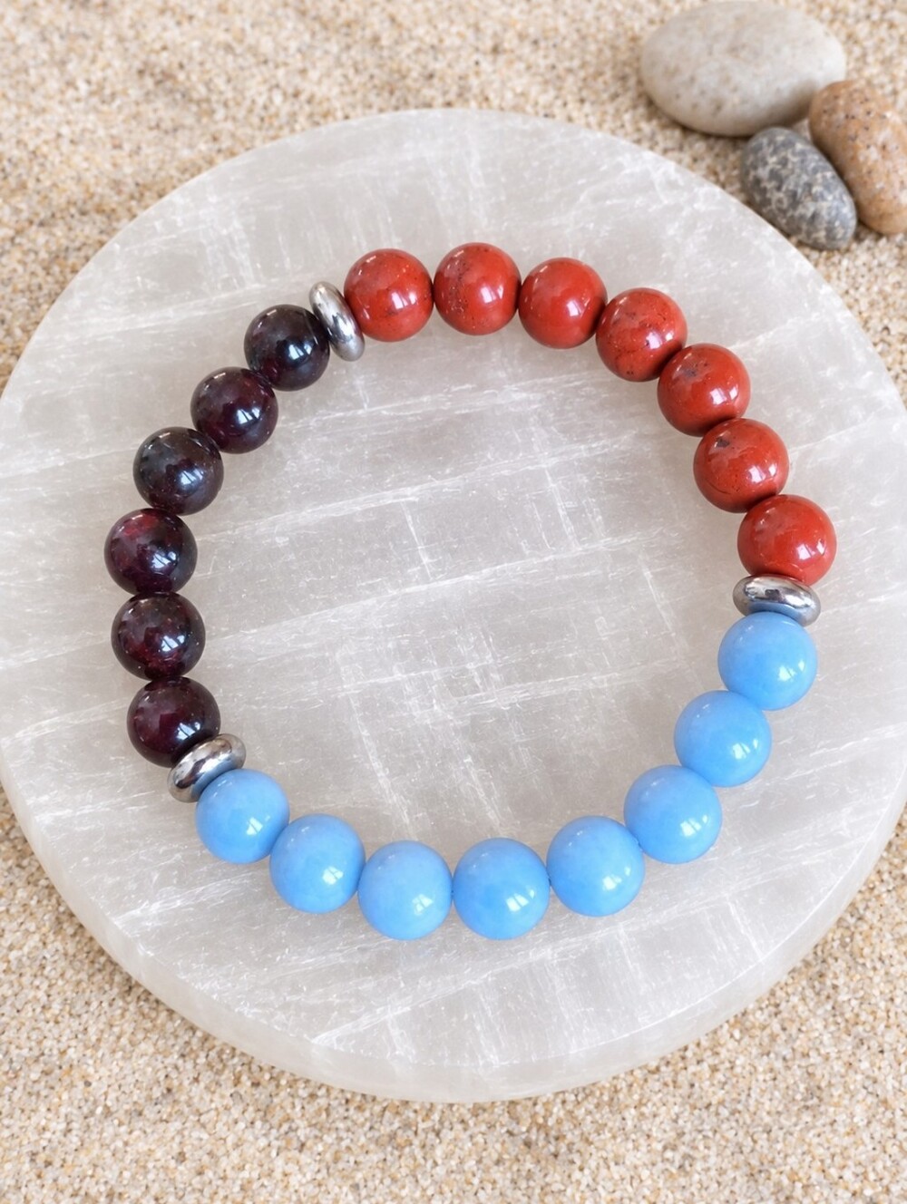 Garnet, Blue Angelite & Red Jaaper Beaded  Stretch Bracelet | Handmade